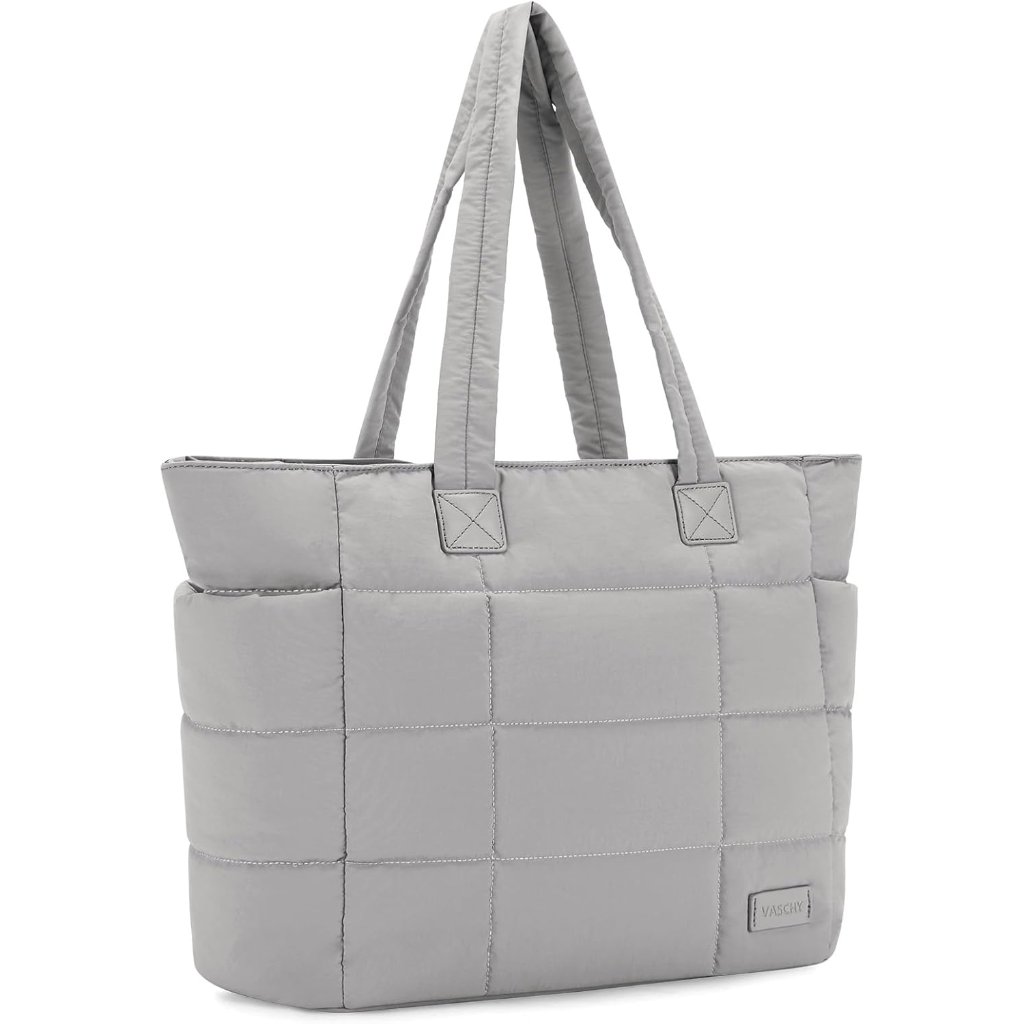 Women’s Gray Lightweight Quilted Puffer Tote Bag With Zipper For Work, Gym, Trav